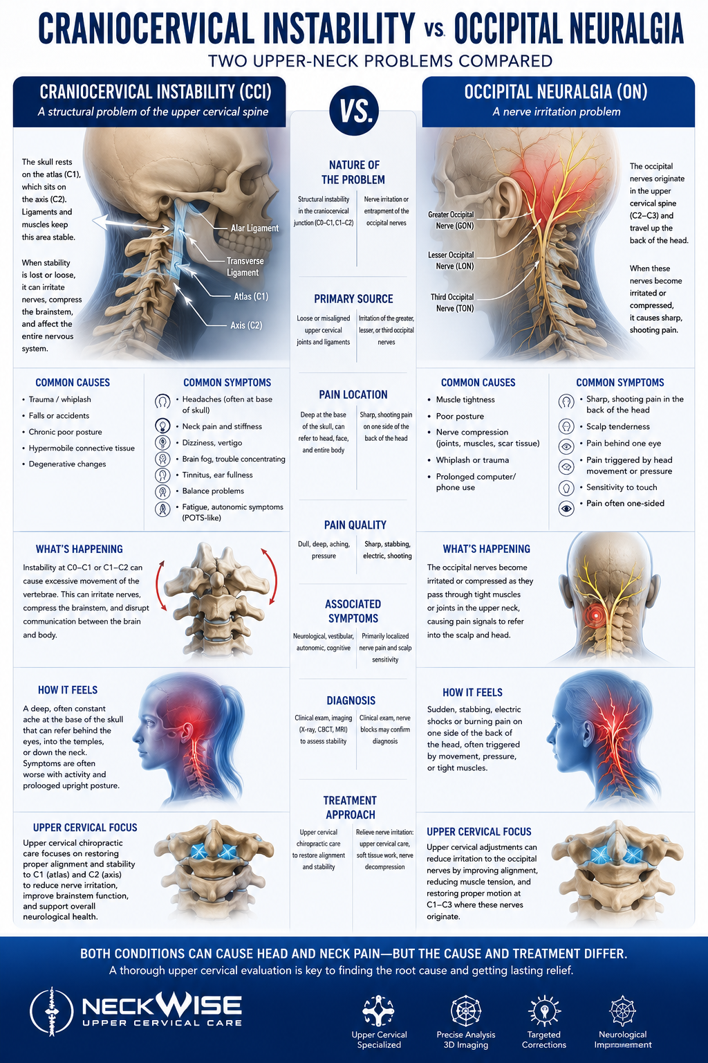 Craniocervical Instability vs Occipital Neuralgia: Two Upper-Neck Problems — and Why the Top of Your Spine Is the Common Thread