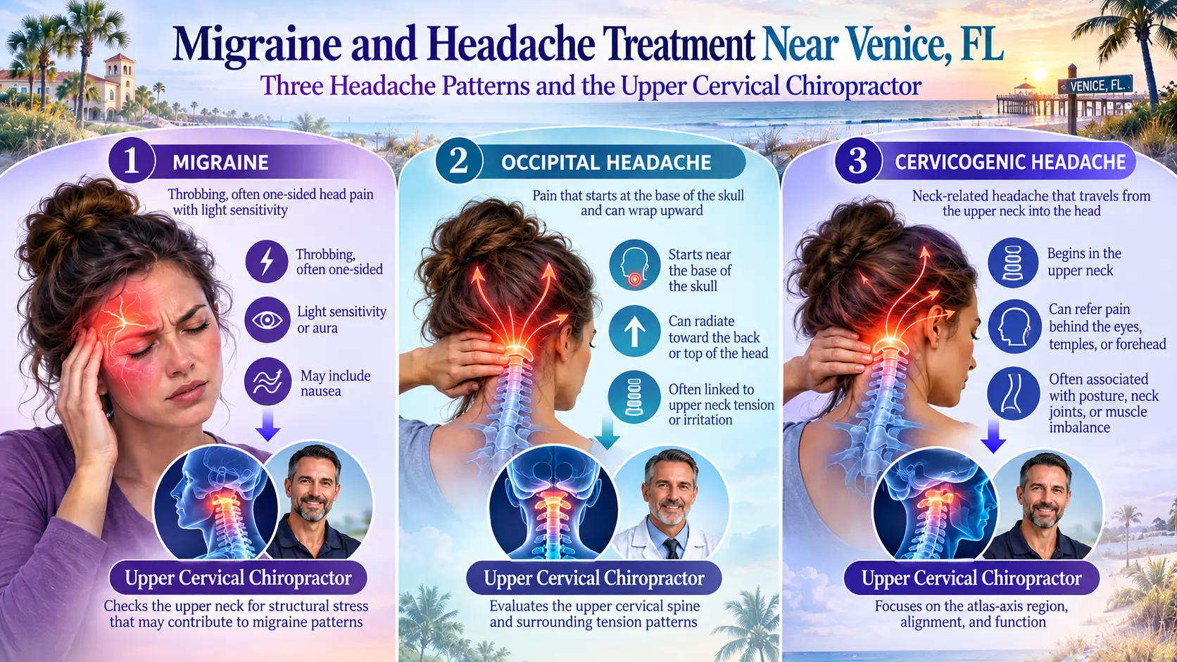 Migraine and Headache Treatment Near Venice, FL: Three Headaches, Who Treats Each, and the Upper Cervical Chiropractor