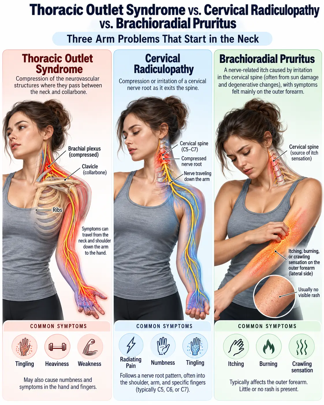 Thoracic Outlet Syndrome vs. Cervical Radiculopathy vs. Brachioradial Pruritus: Three Arm Problems That Start in the Neck